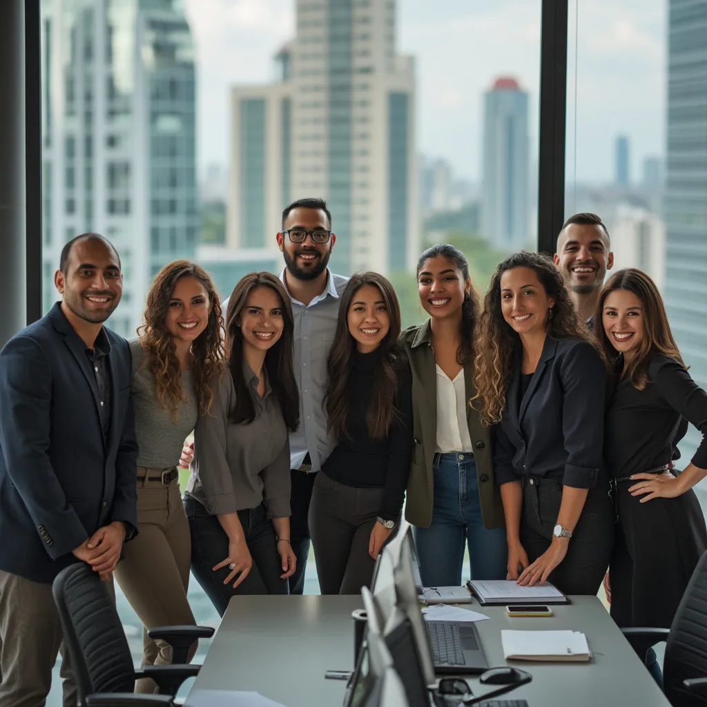 Equipo de profesionales financieros discutiendo estrategias en una oficina moderna en México con vista panorámica.